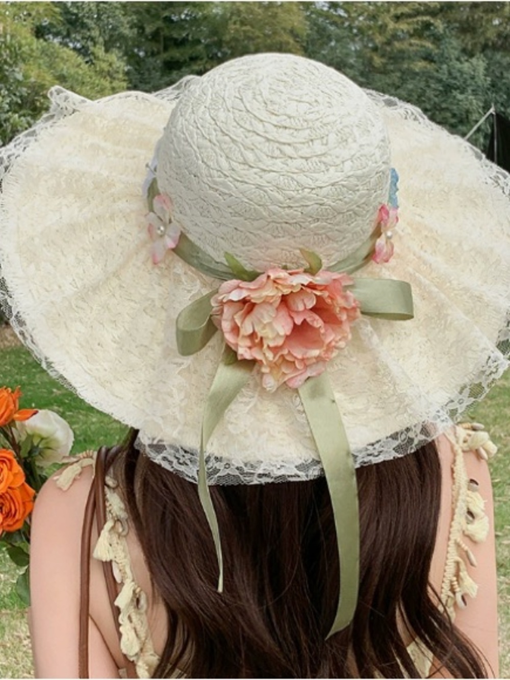 Women's Cream Lace Sun Hat with Pink Flower and Green Ribbon